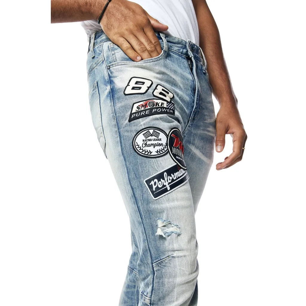 Embroidered Patched Racing Denim Jeans- Beacon Blue