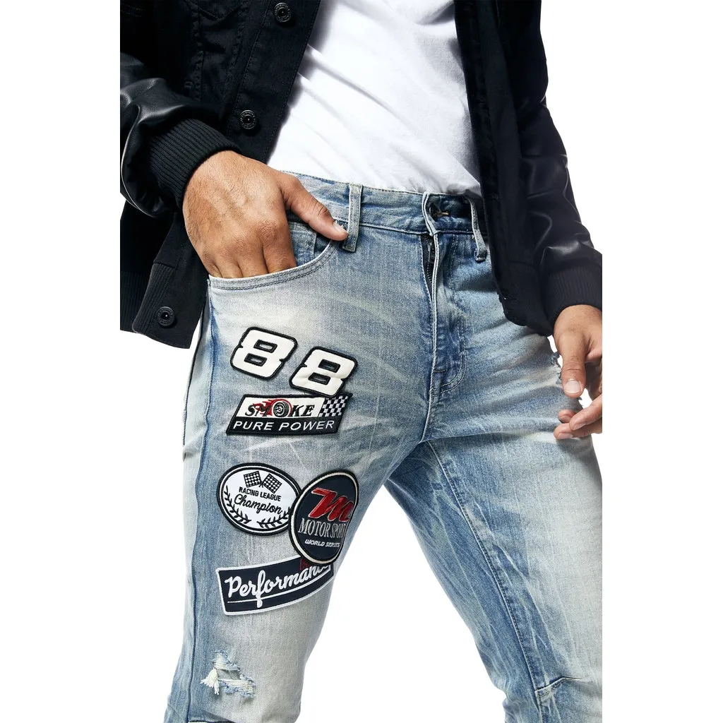 Embroidered Patched Racing Denim Jeans- Beacon Blue