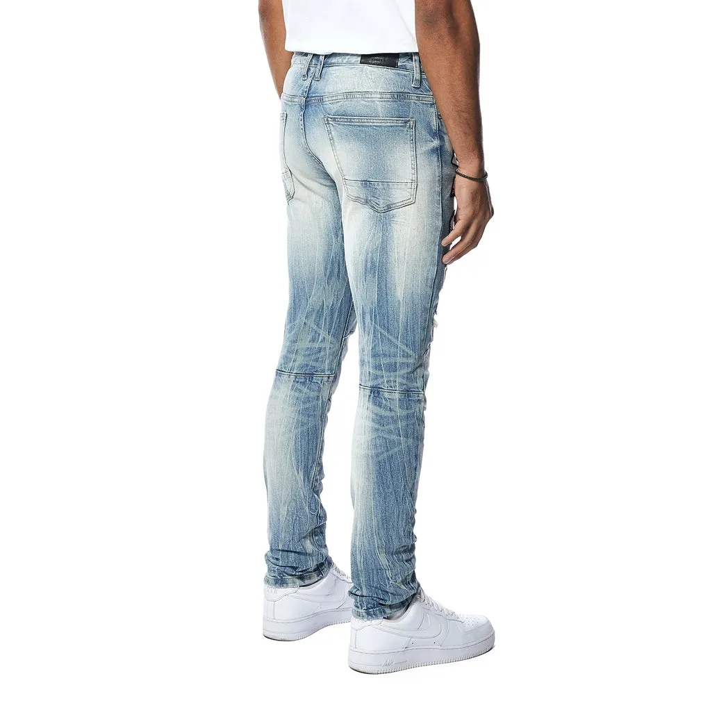 Embroidered Patched Racing Denim Jeans- Beacon Blue