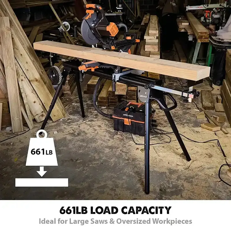 Evolution Universal Heavy-Duty Miter Saw Stand PLUS (XL): 10 Ft Support Arms / 661 Lbs Load Capacity with Wheels