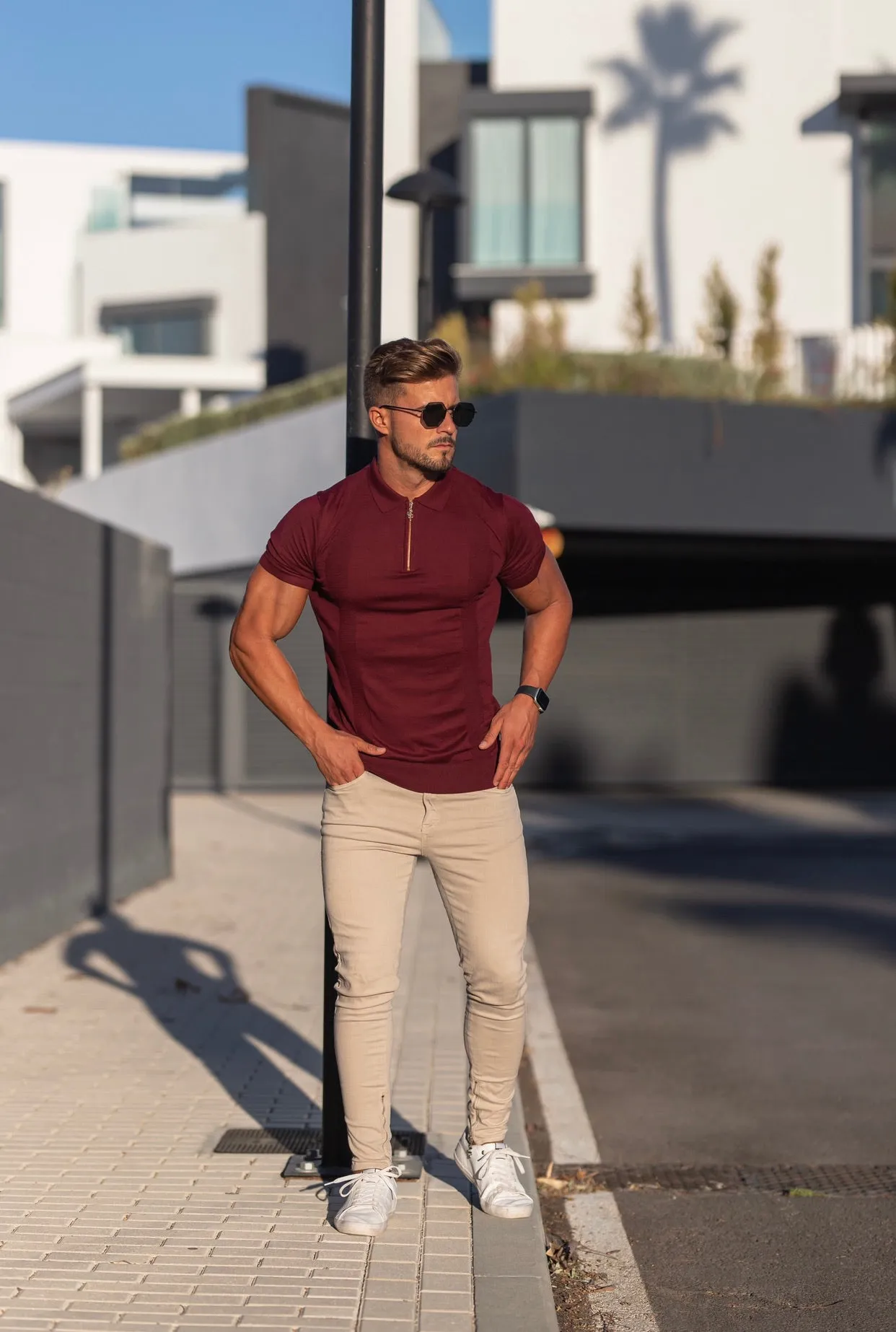 Father Sons Classic Fig Burgundy and Gold Zip Knitted Short Sleeve Polo - FSH466