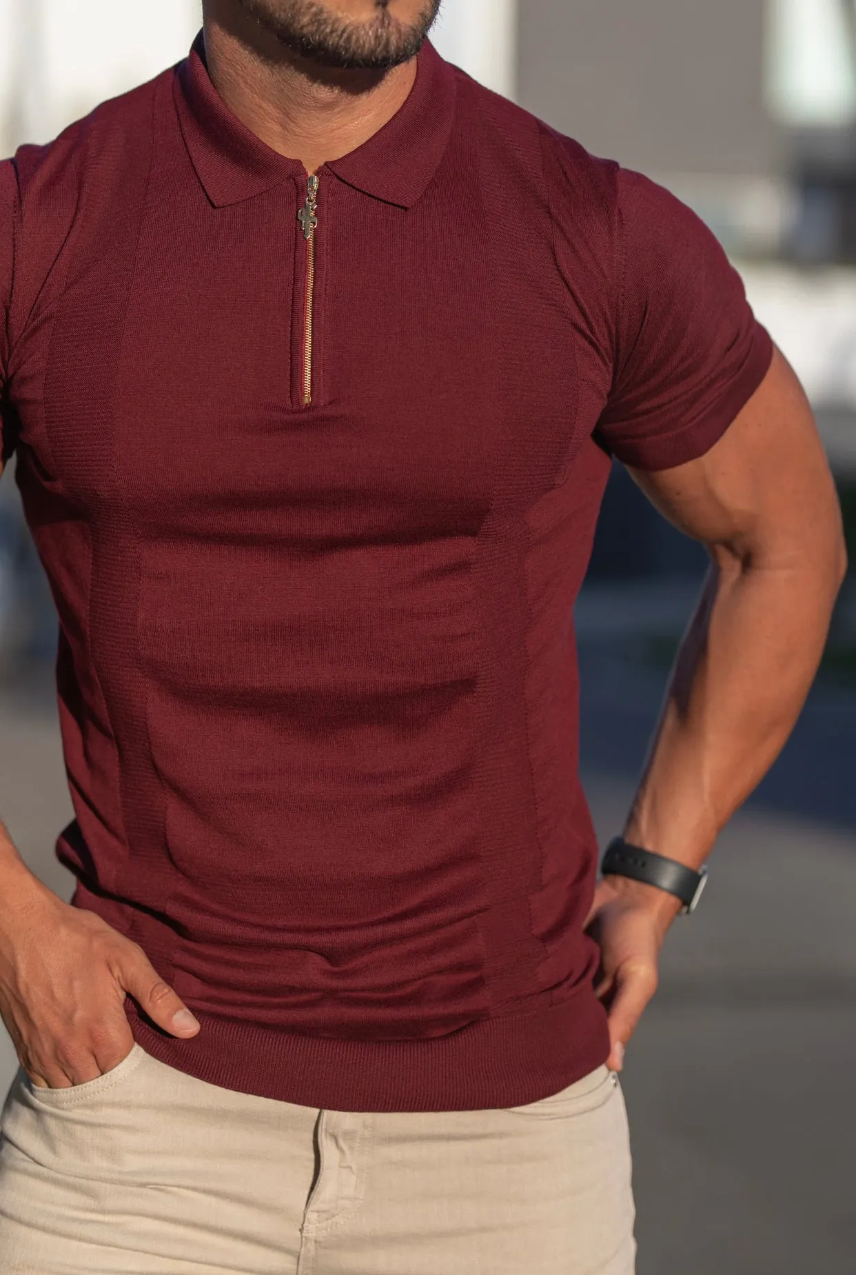 Father Sons Classic Fig Burgundy and Gold Zip Knitted Short Sleeve Polo - FSH466