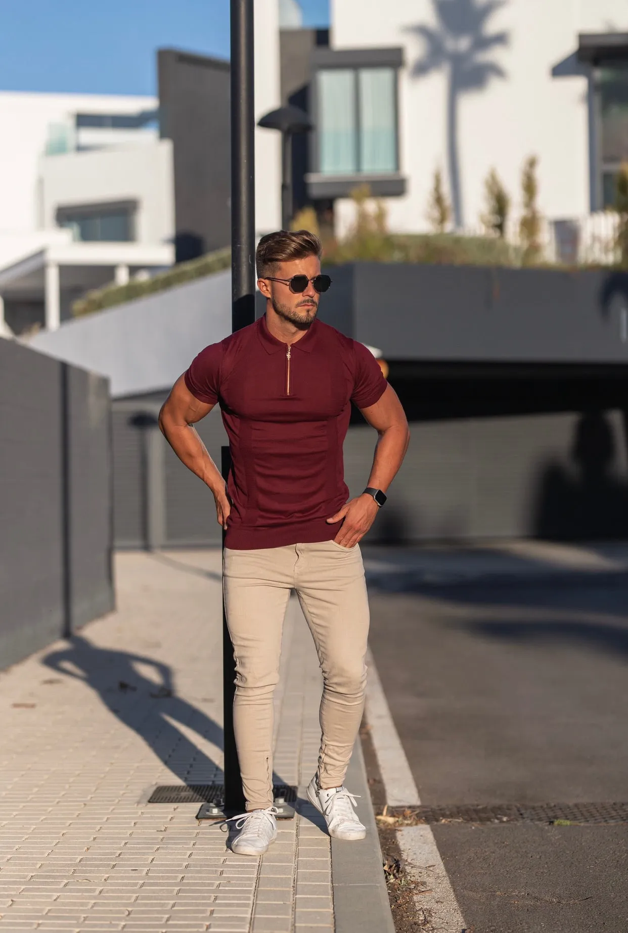 Father Sons Classic Fig Burgundy and Gold Zip Knitted Short Sleeve Polo - FSH466