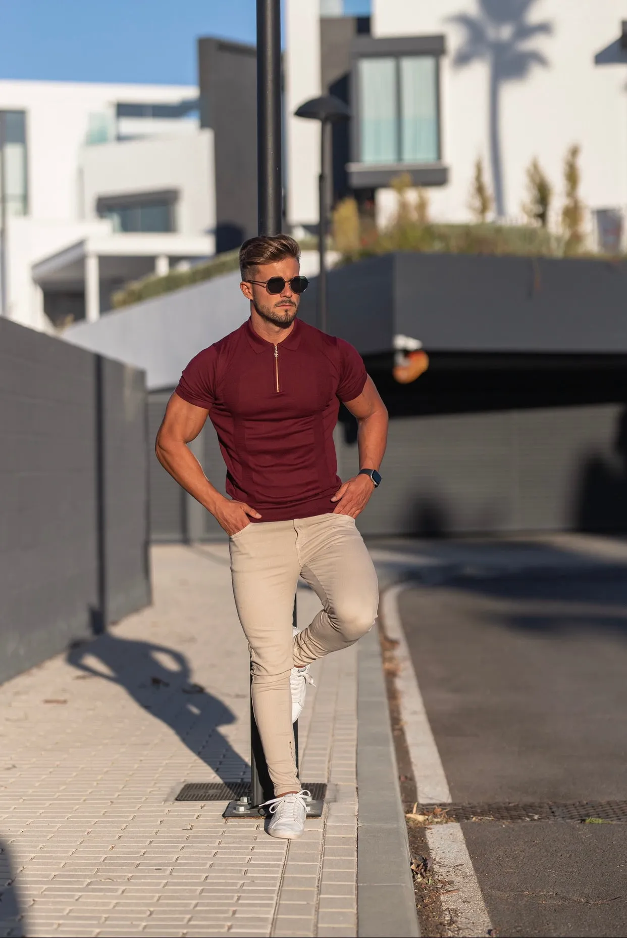 Father Sons Classic Fig Burgundy and Gold Zip Knitted Short Sleeve Polo - FSH466