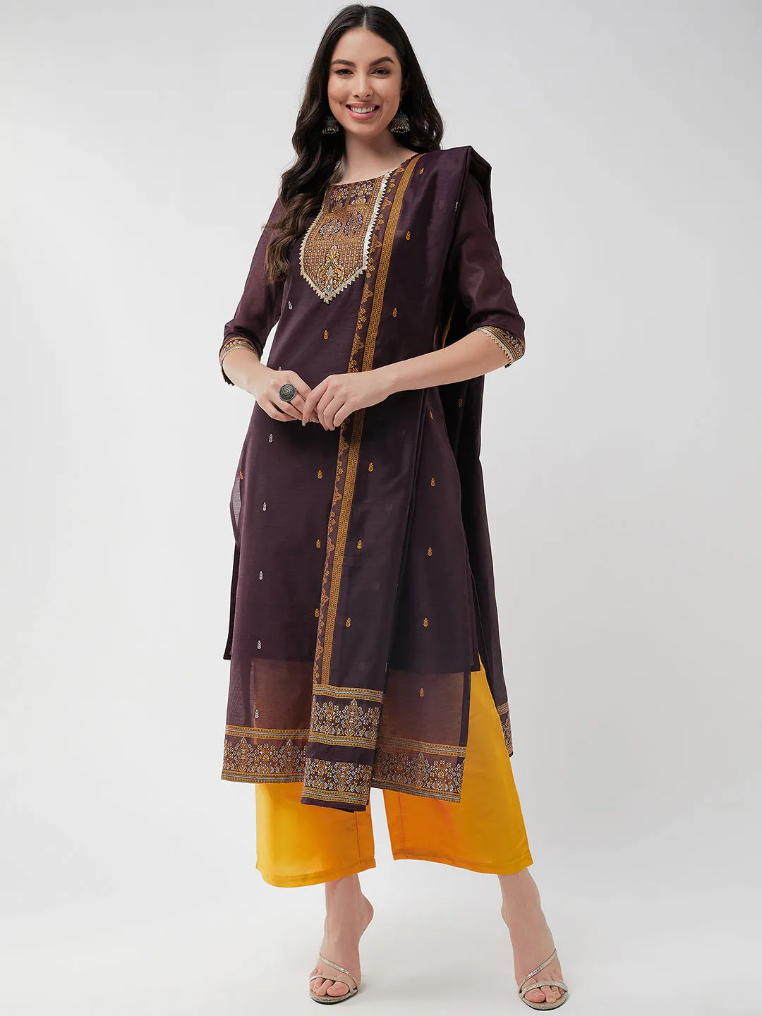 Festive Jacquard Neck Patch Kurta With Dupatta And Matching Pants