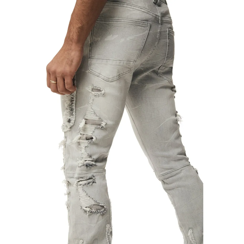 Flame Applique Heavy R&R Stacked Denim Jeans - Cloud Grey