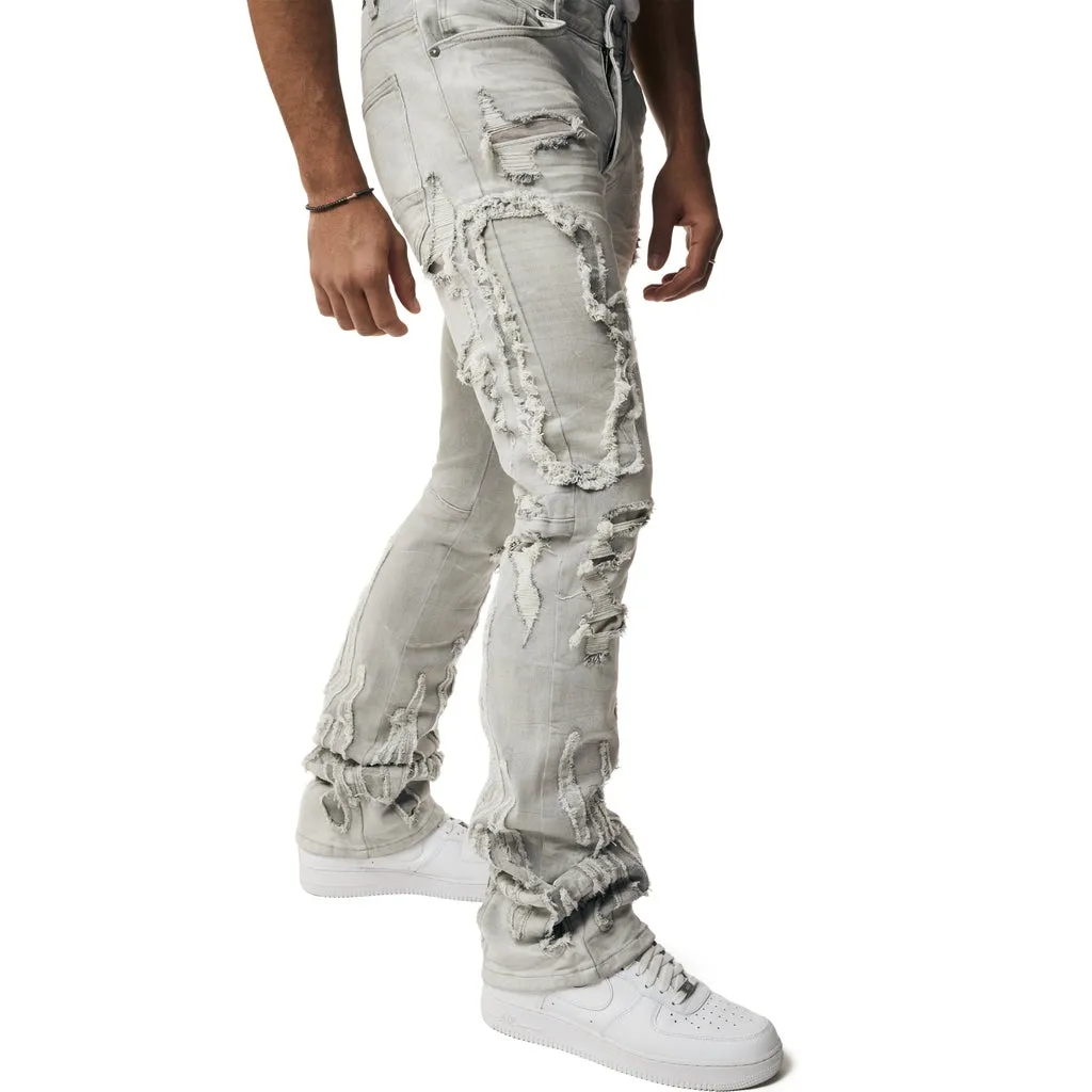 Flame Applique Heavy R&R Stacked Denim Jeans - Cloud Grey