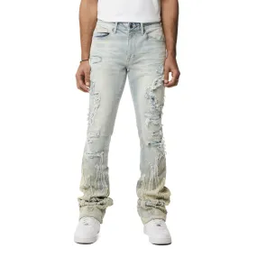 Flame Applique Heavy R&R Stacked Denim Jeans - Ombre Blue