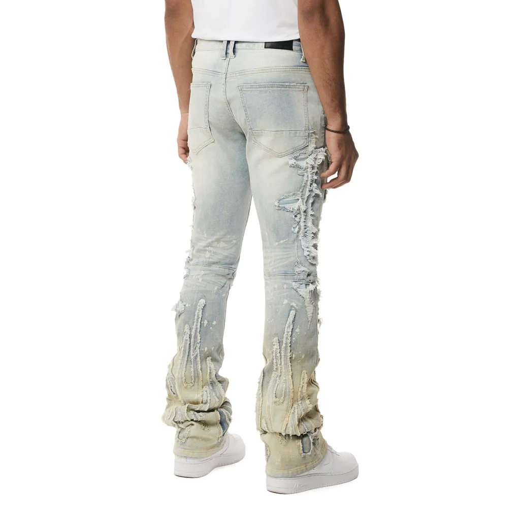 Flame Applique Heavy R&R Stacked Denim Jeans - Ombre Blue