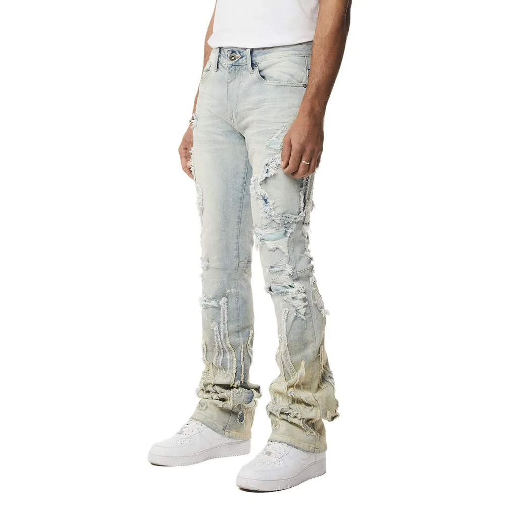 Flame Applique Heavy R&R Stacked Denim Jeans - Ombre Blue