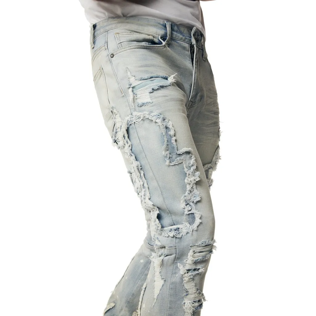 Flame Applique Heavy R&R Stacked Denim Jeans - Ombre Blue