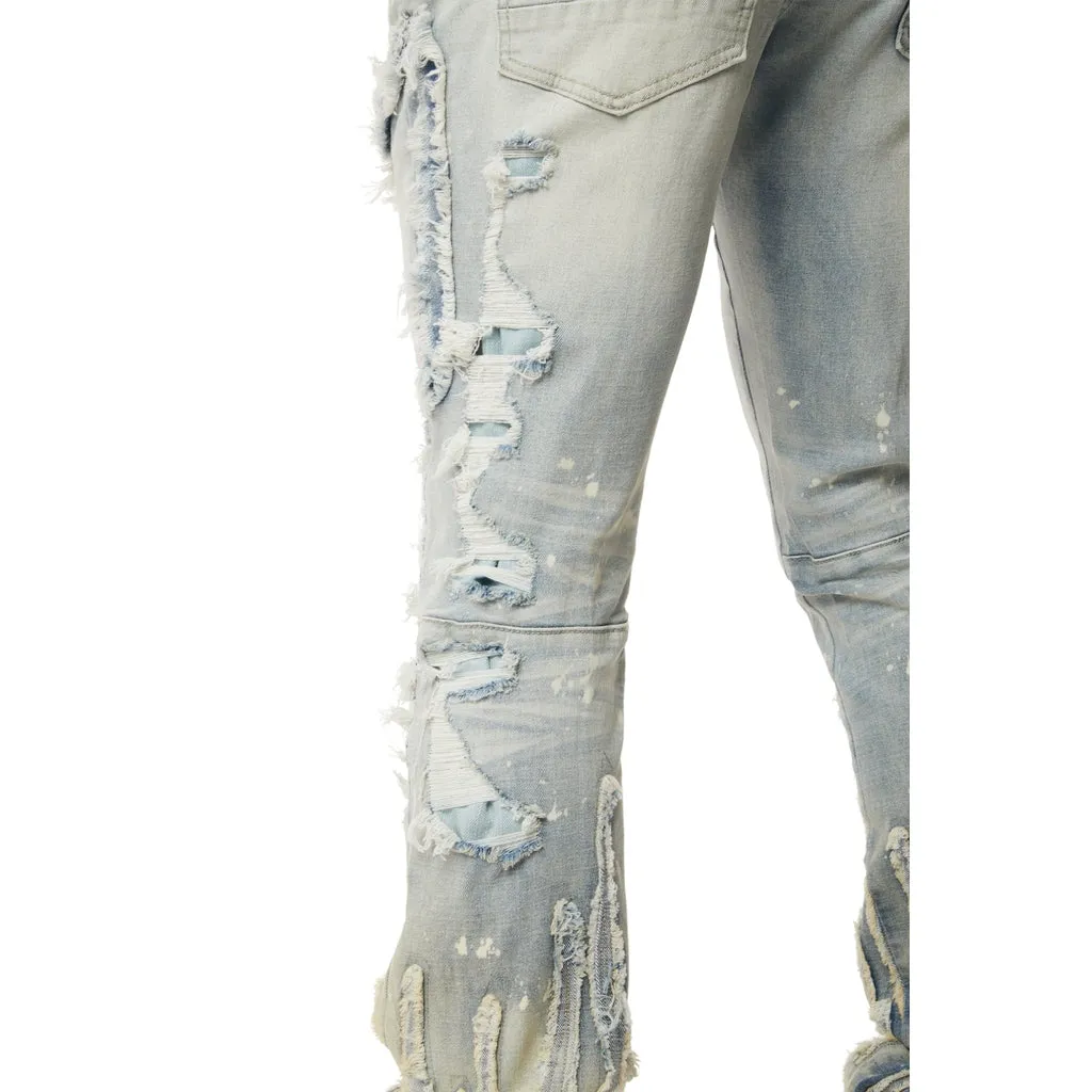 Flame Applique Heavy R&R Stacked Denim Jeans - Ombre Blue