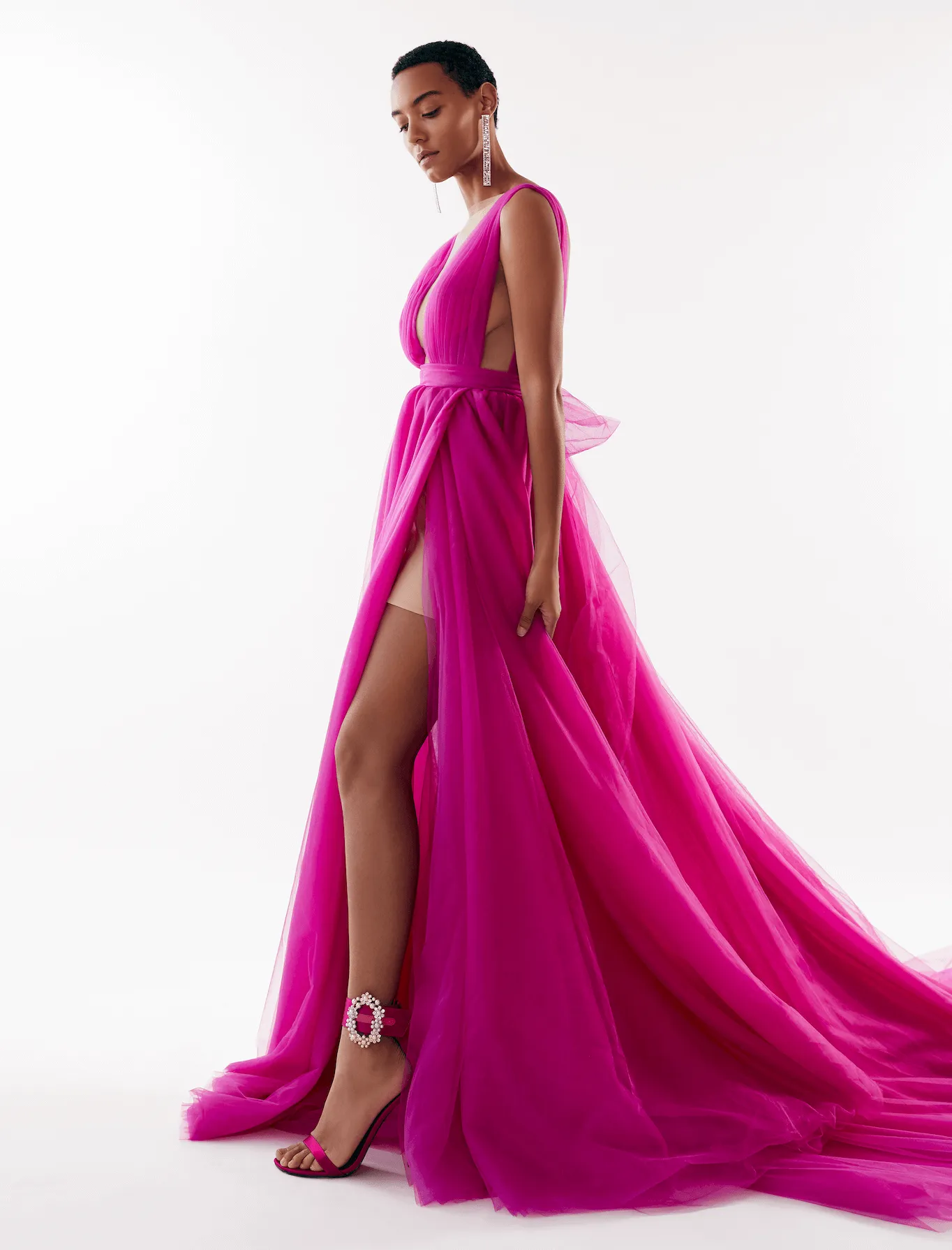 Fuchsia Bow-Back Maxi Evening Tulle Dress