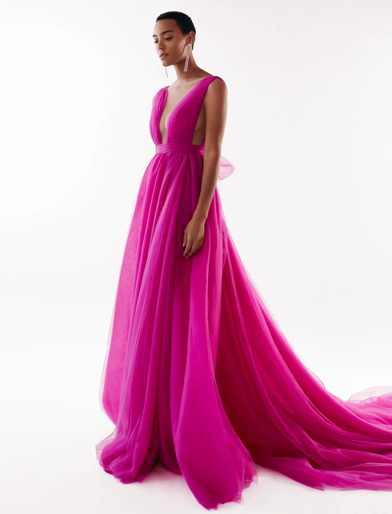 Fuchsia Bow-Back Maxi Evening Tulle Dress