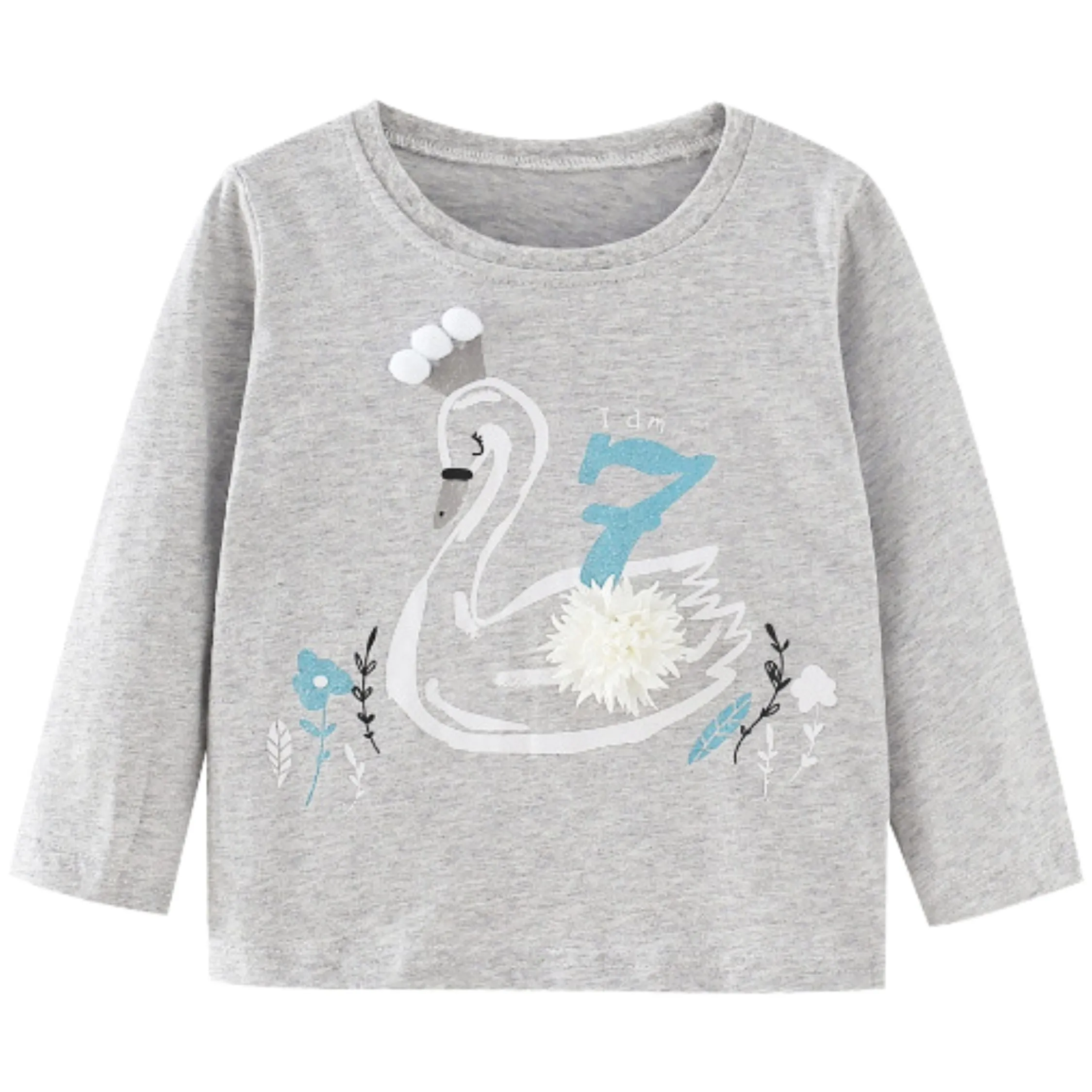 Full Sleeve Cute Duck Print Girls T-Shirt, Grey