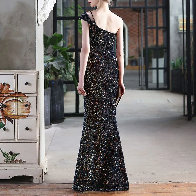 Glitter Sequin One Shoulder Sling Mermaid Prom Split Maxi Dress Bridemaid Gowns