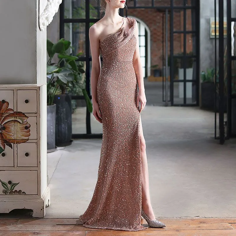 Glitter Sequin One Shoulder Sling Mermaid Prom Split Maxi Dress Bridemaid Gowns