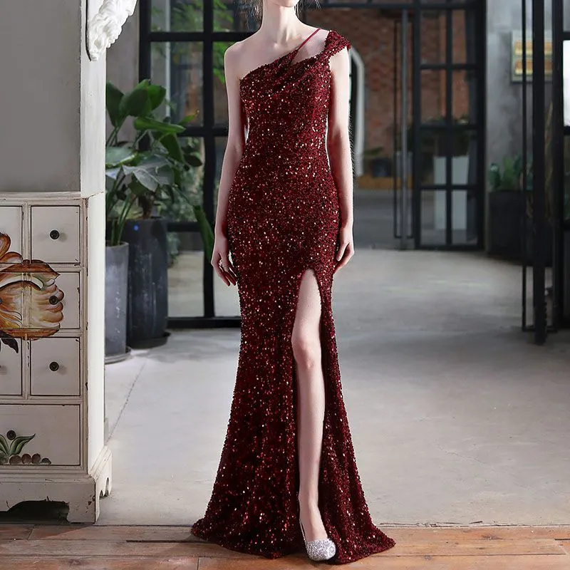 Glitter Sequin One Shoulder Sling Mermaid Prom Split Maxi Dress Bridemaid Gowns