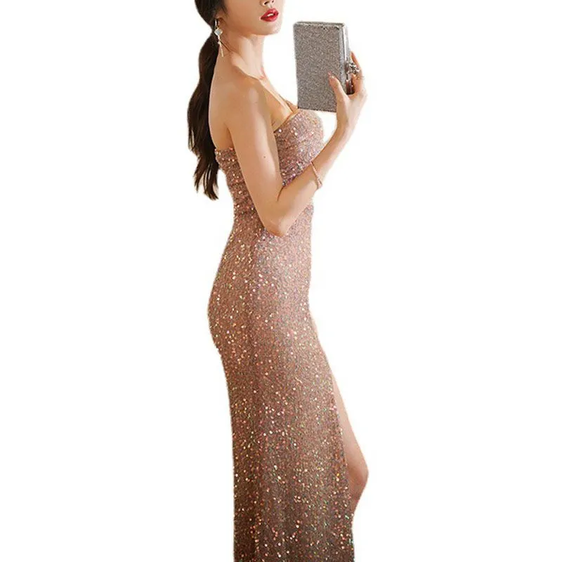 Glitter Sequin One Shoulder Sling Mermaid Prom Split Maxi Dress Bridemaid Gowns