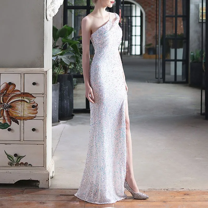 Glitter Sequin One Shoulder Sling Mermaid Prom Split Maxi Dress Bridemaid Gowns