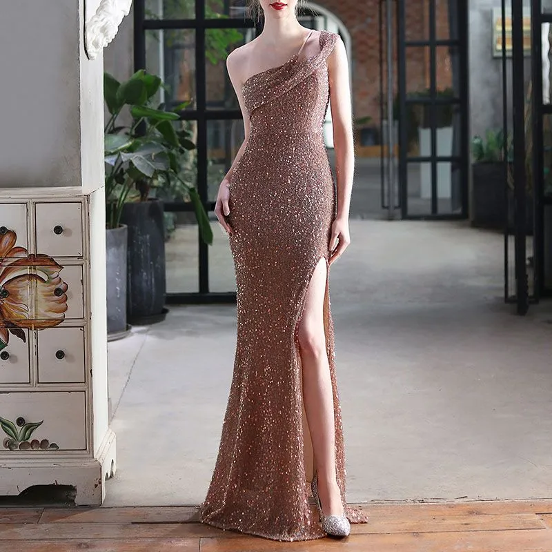 Glitter Sequin One Shoulder Sling Mermaid Prom Split Maxi Dress Bridemaid Gowns