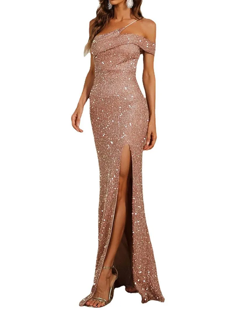 Glitter Sequin One Shoulder Sling Mermaid Prom Split Maxi Dress Bridemaid Gowns