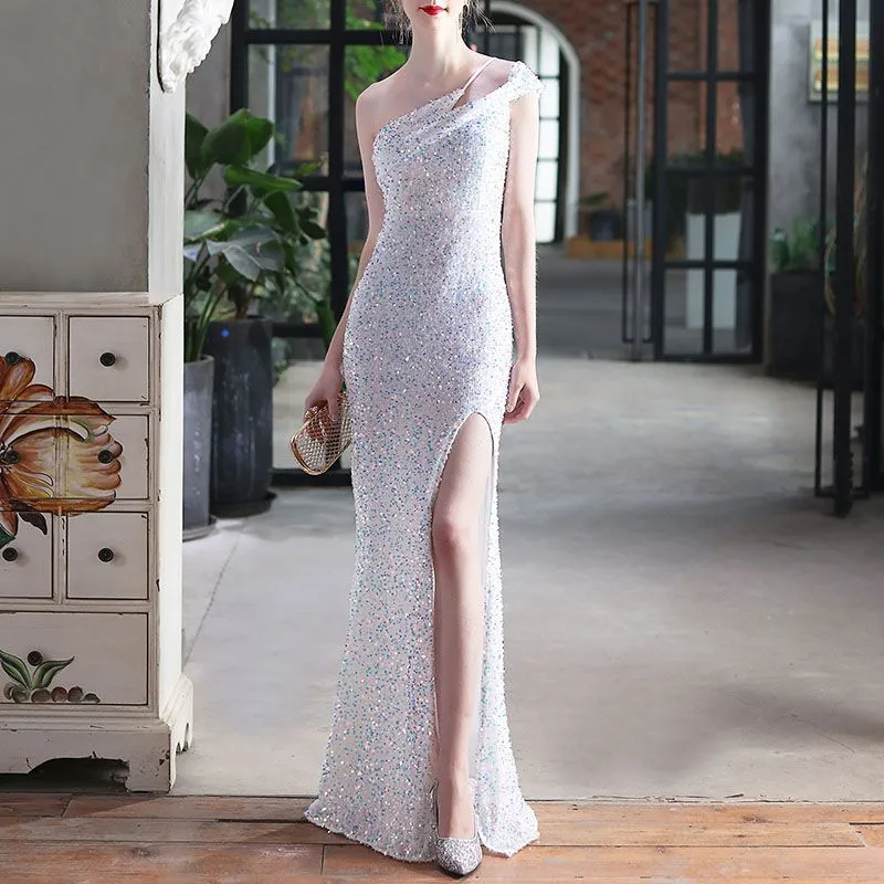 Glitter Sequin One Shoulder Sling Mermaid Prom Split Maxi Dress Bridemaid Gowns