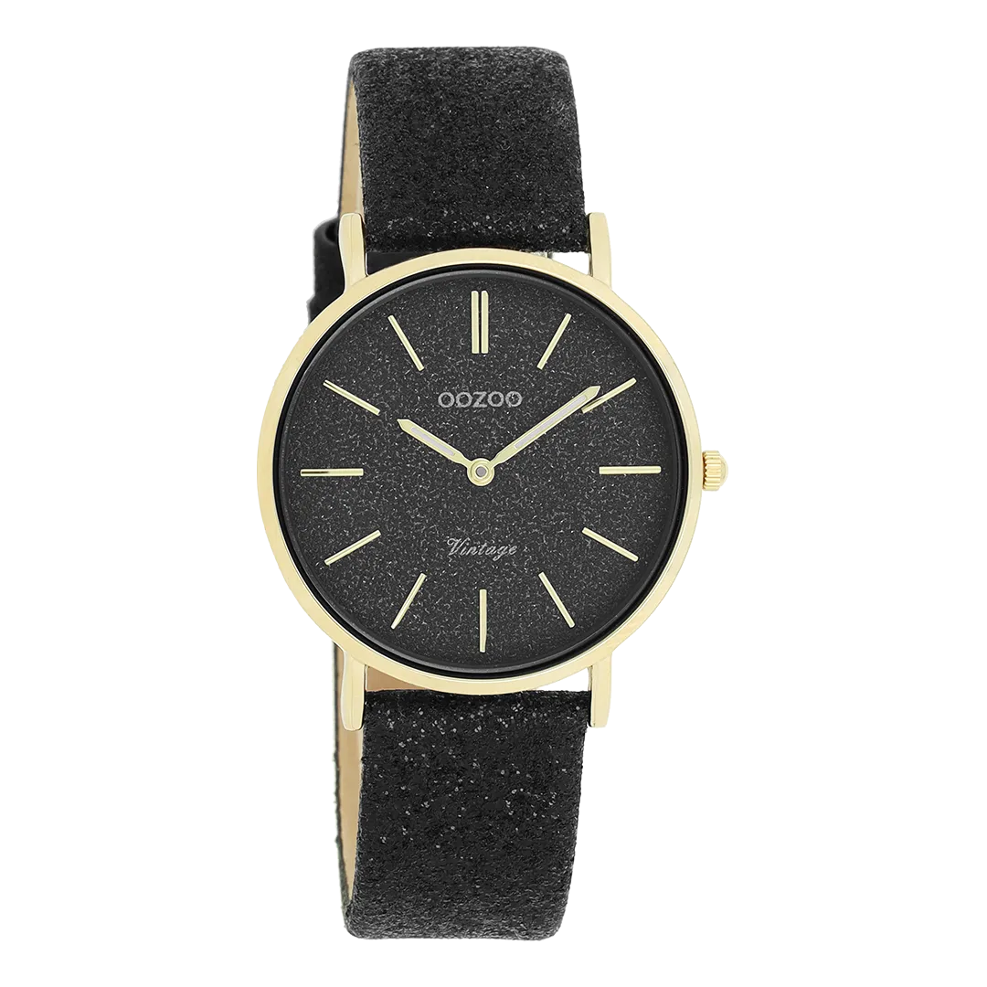 Gold coloured OOZOO watch with black leather strap - C20204