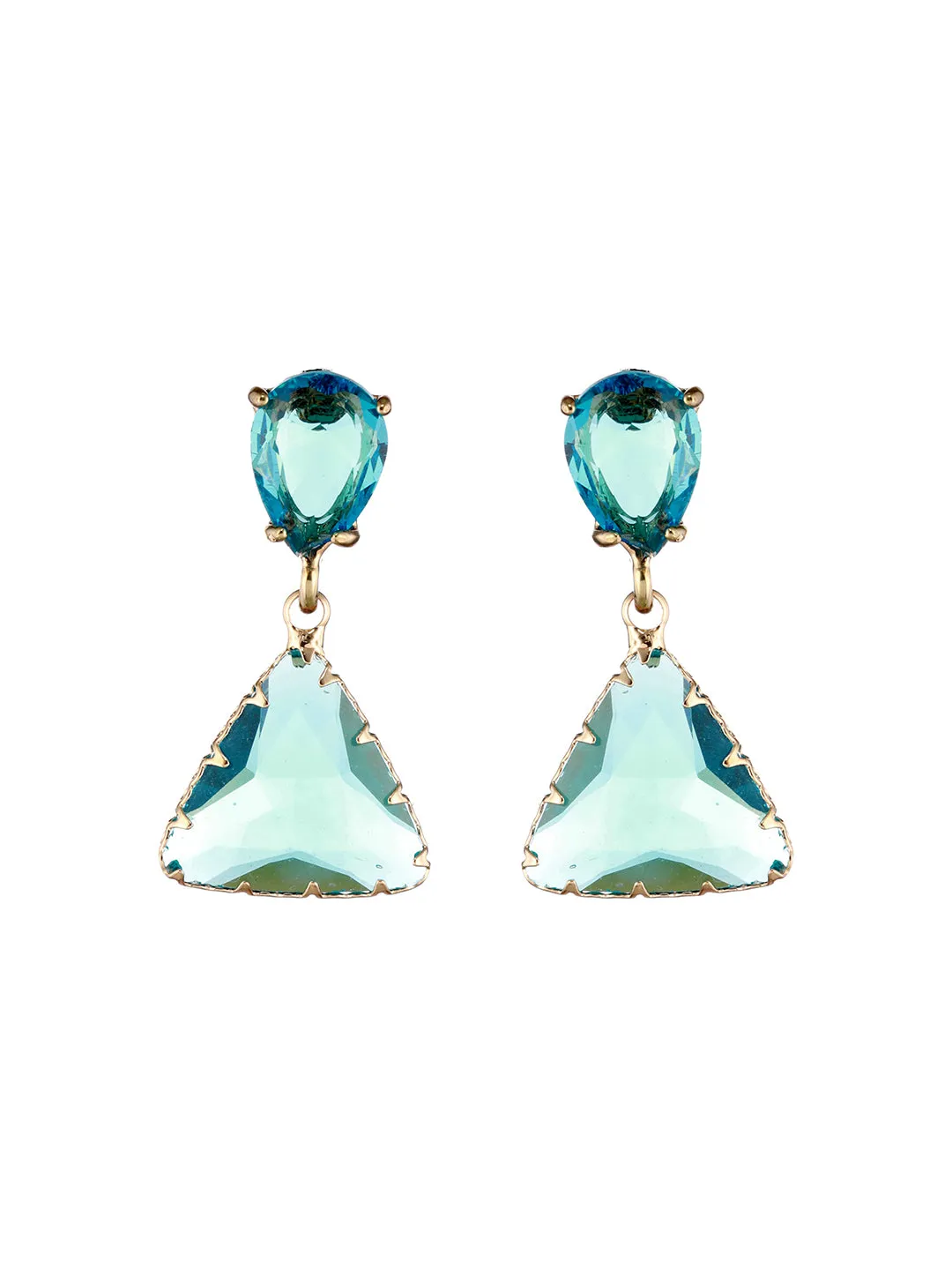 Gold-Plated Teal Colored Transparent Stone Studded Contemporary Tear Drop Earrings