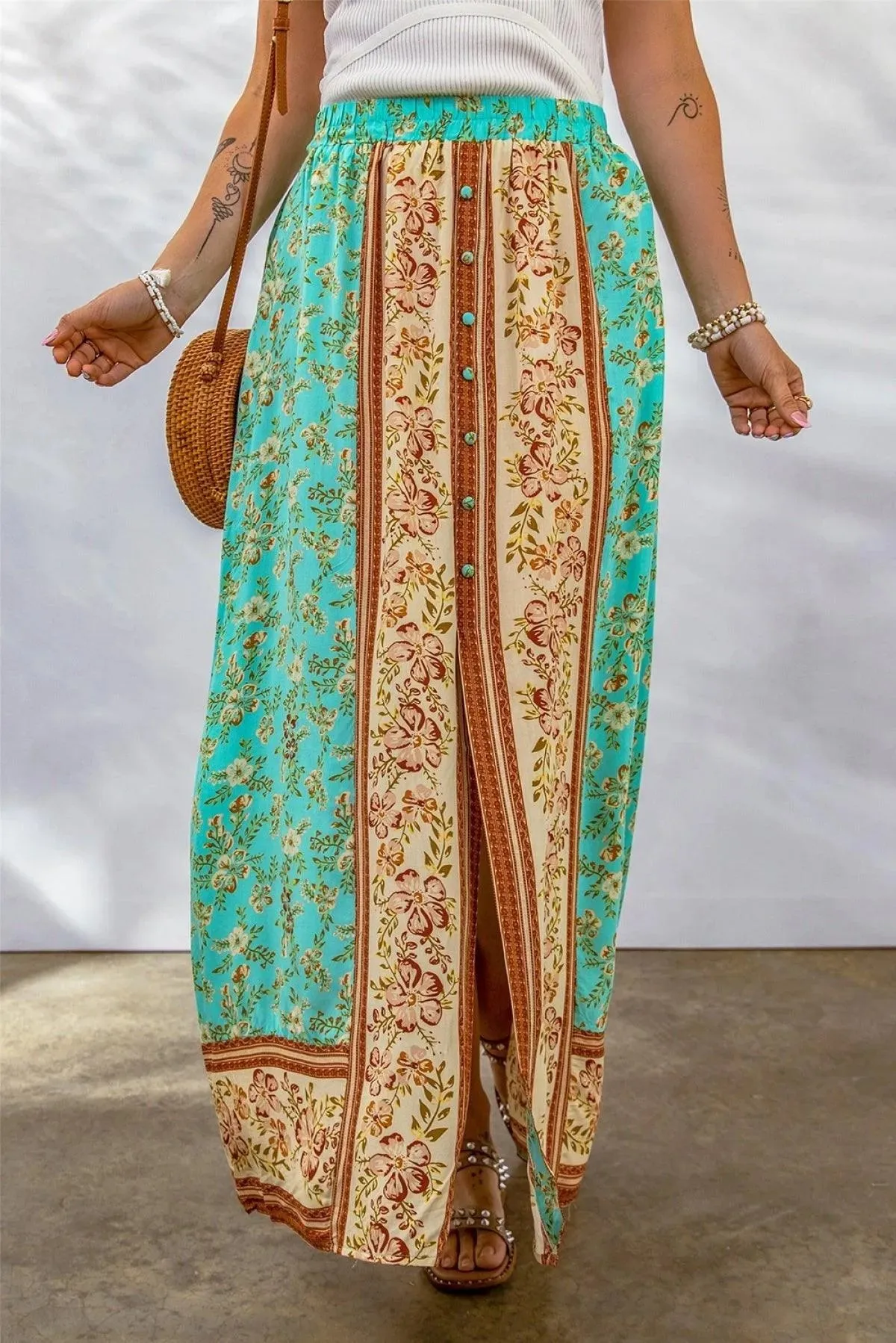 Green Boho Contrast Color Floral Print Button Slit Maxi Skirt