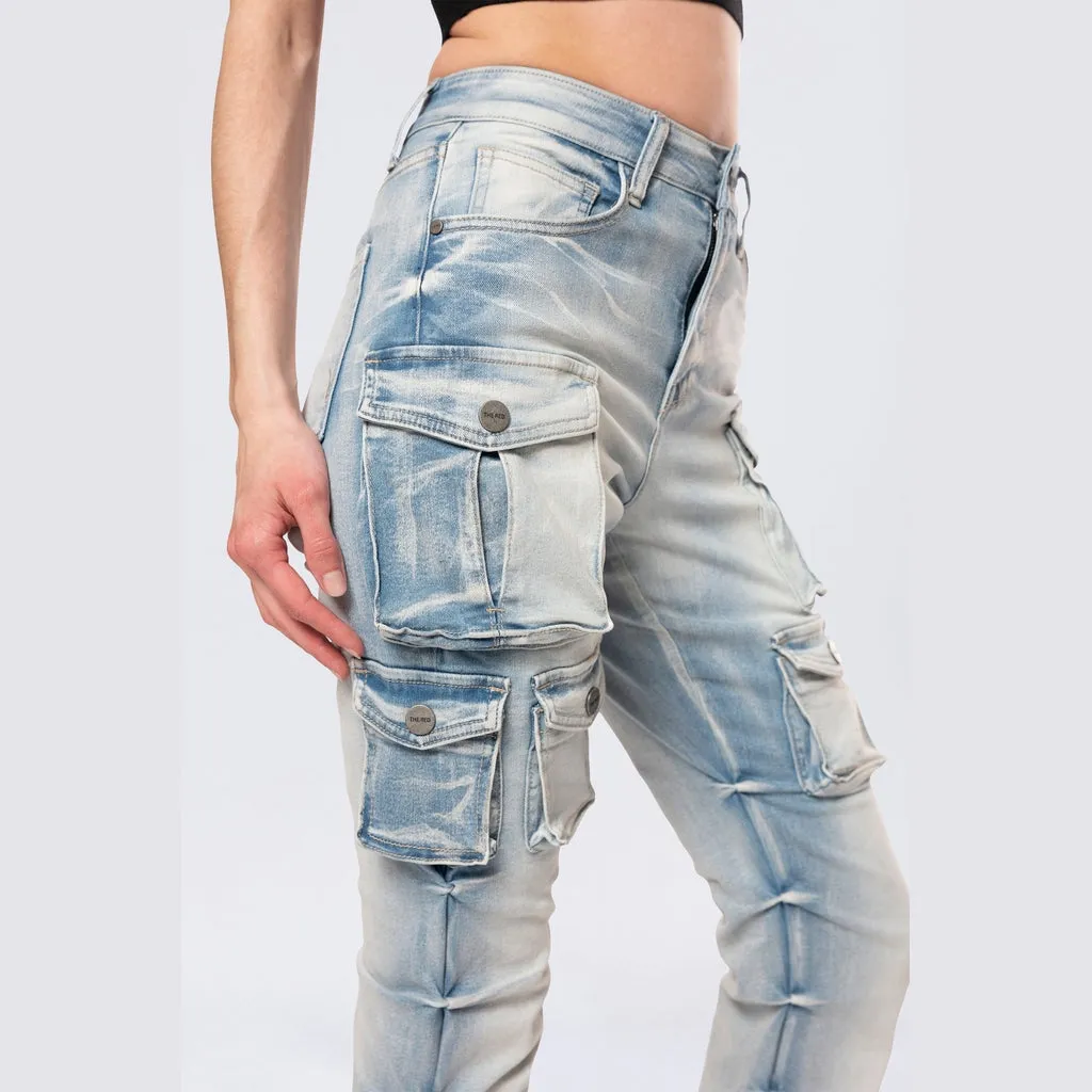 High Rise Stacked Cargo Jeans - Santorini Blue