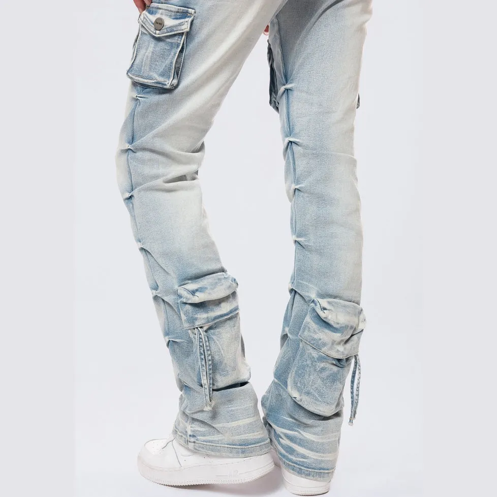 High Rise Stacked Cargo Jeans - Santorini Blue