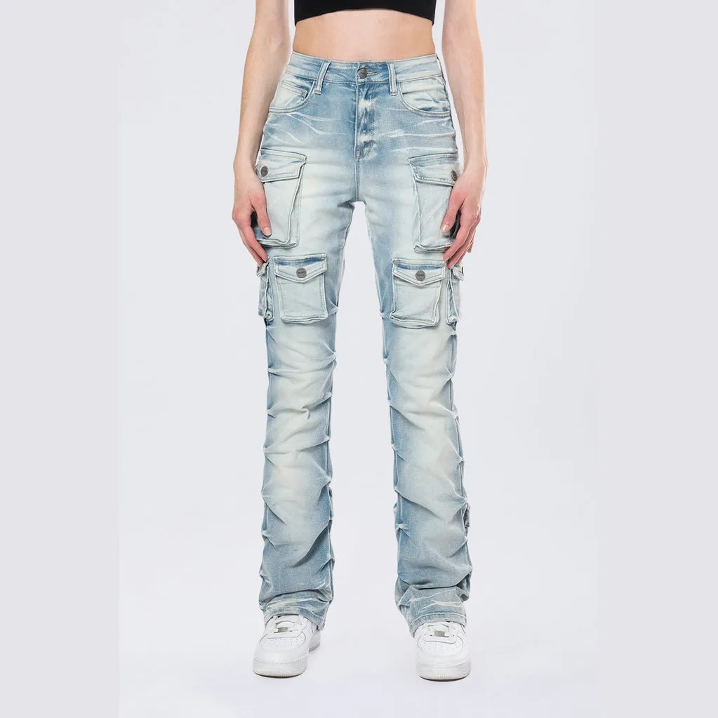 High Rise Stacked Cargo Jeans - Santorini Blue