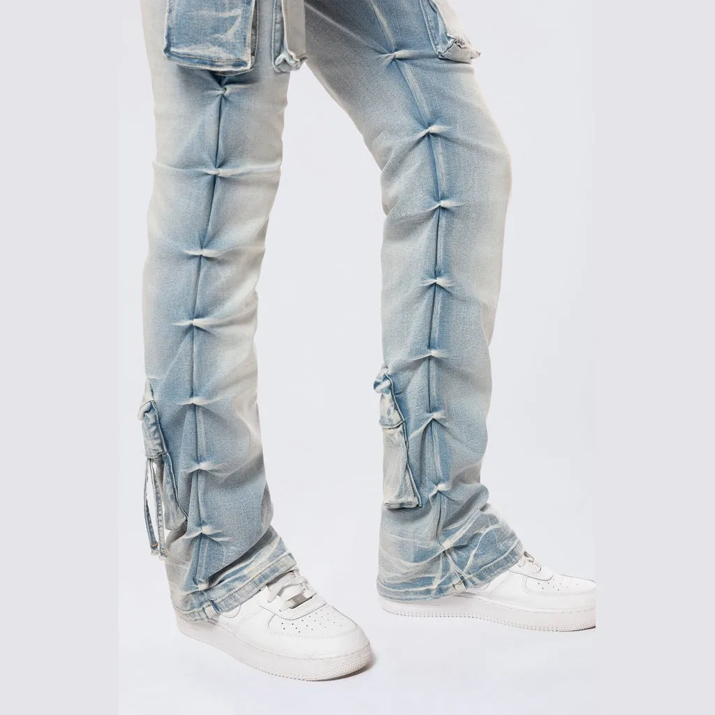 High Rise Stacked Cargo Jeans - Santorini Blue