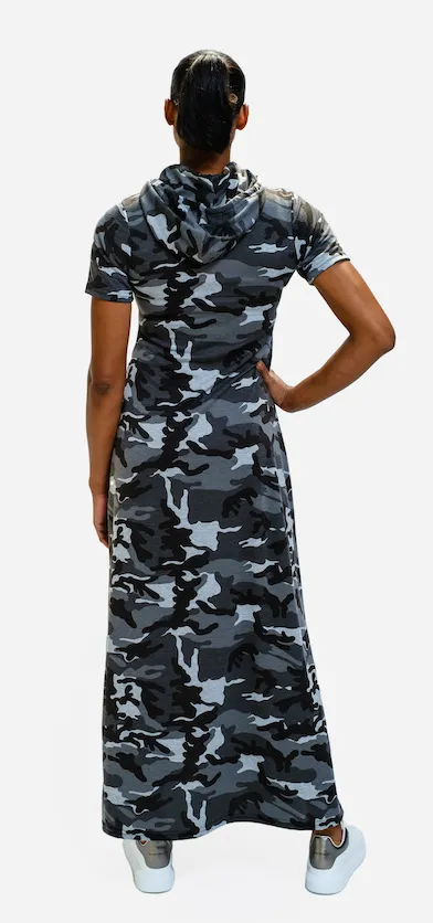 Hooded maxi dress  in our grey camouflage rayon French Terry Jersey