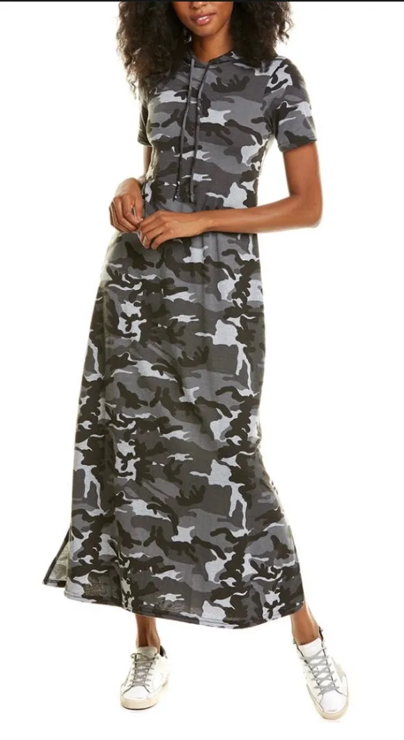 Hooded maxi dress  in our grey camouflage rayon French Terry Jersey