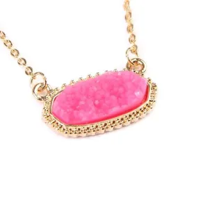 Hot Pink Gold Short Druzy Oval Pendant Necklace & Stud Earrings Set