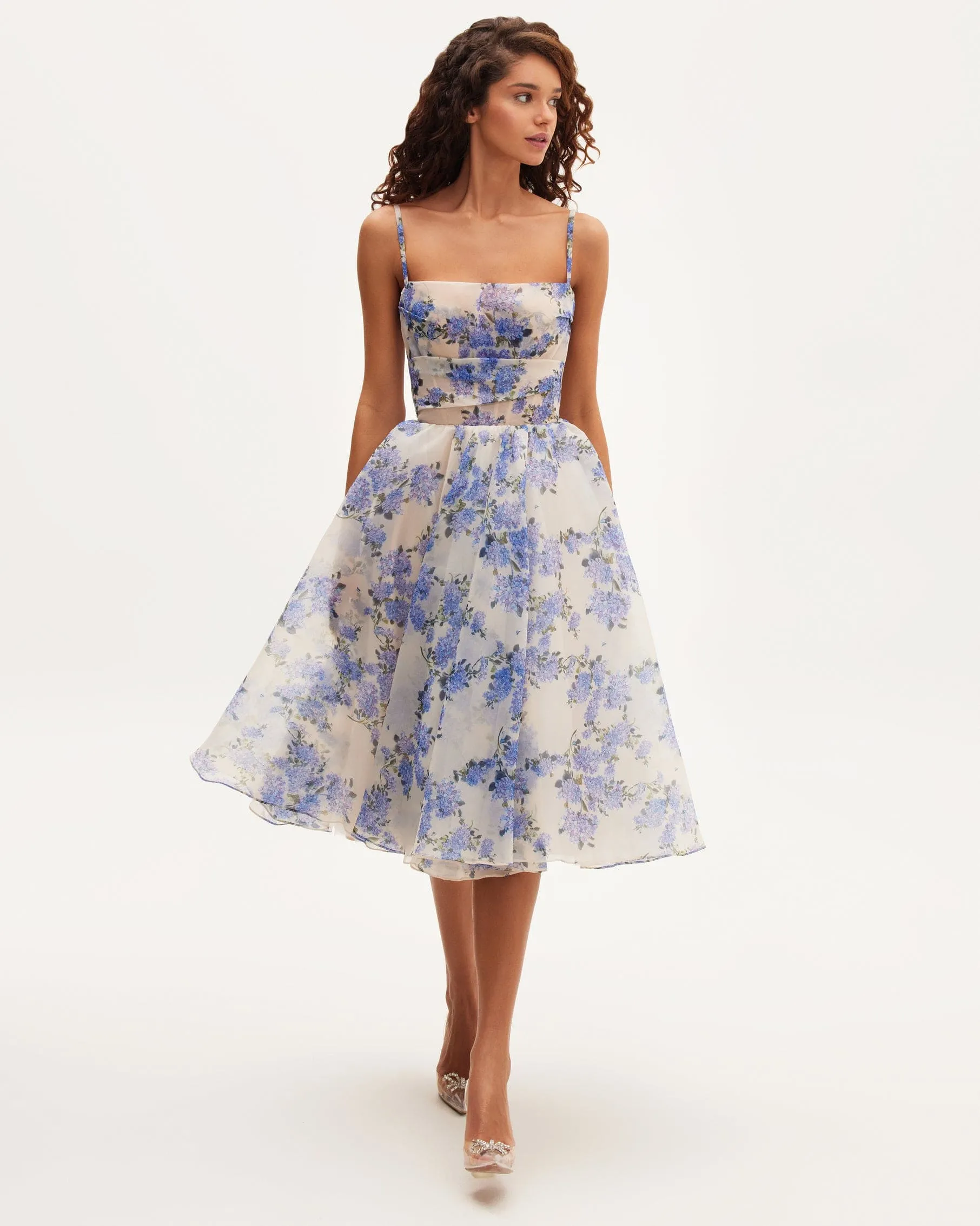 Hydrangea spaghetti strap midi dress