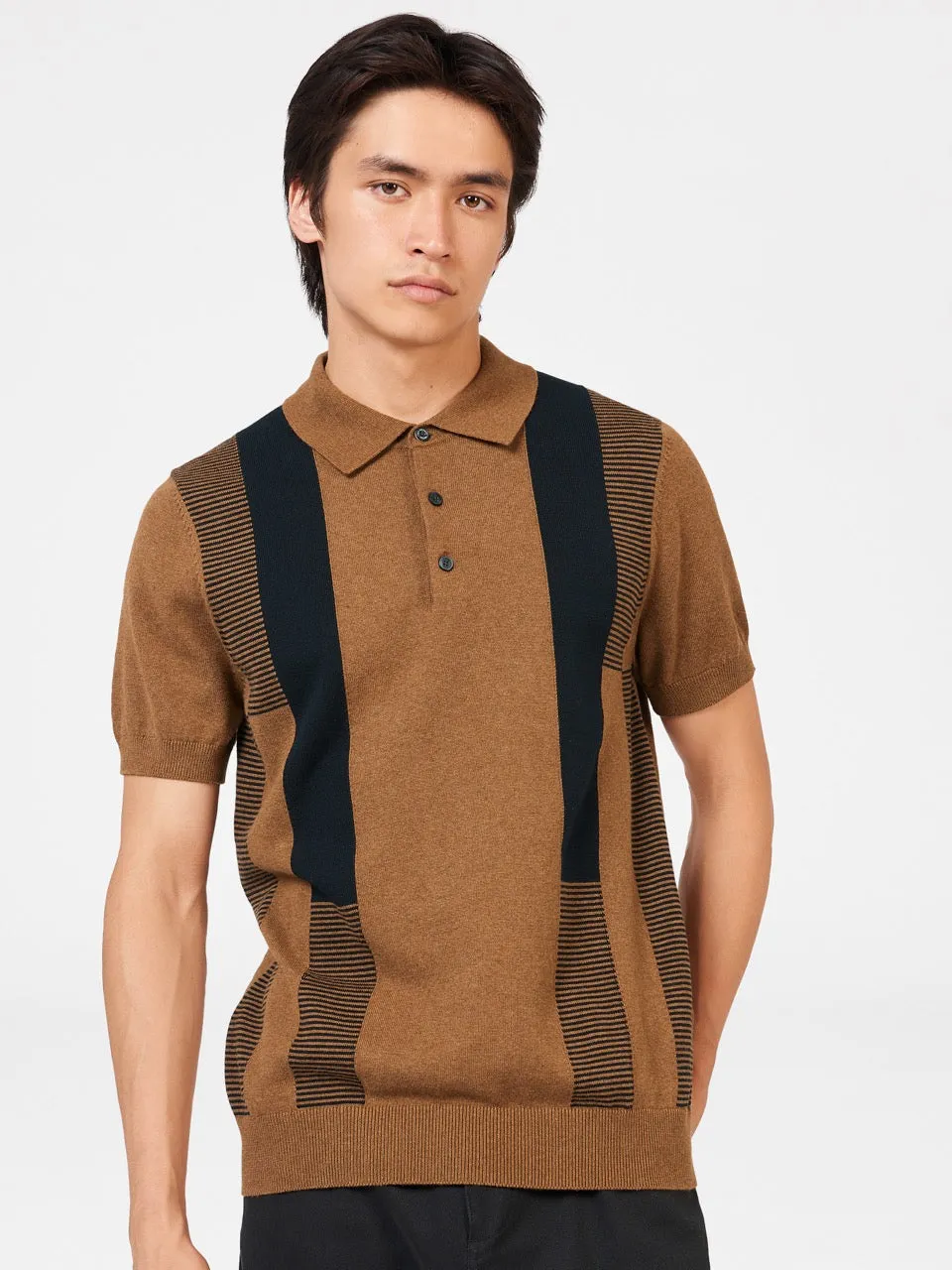 Intarsia Stripe Knit Polo - Ginger