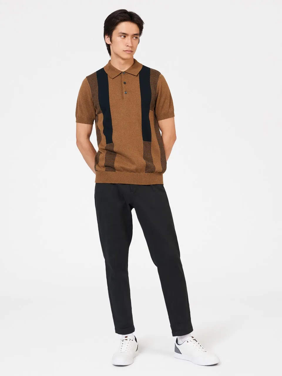 Intarsia Stripe Knit Polo - Ginger