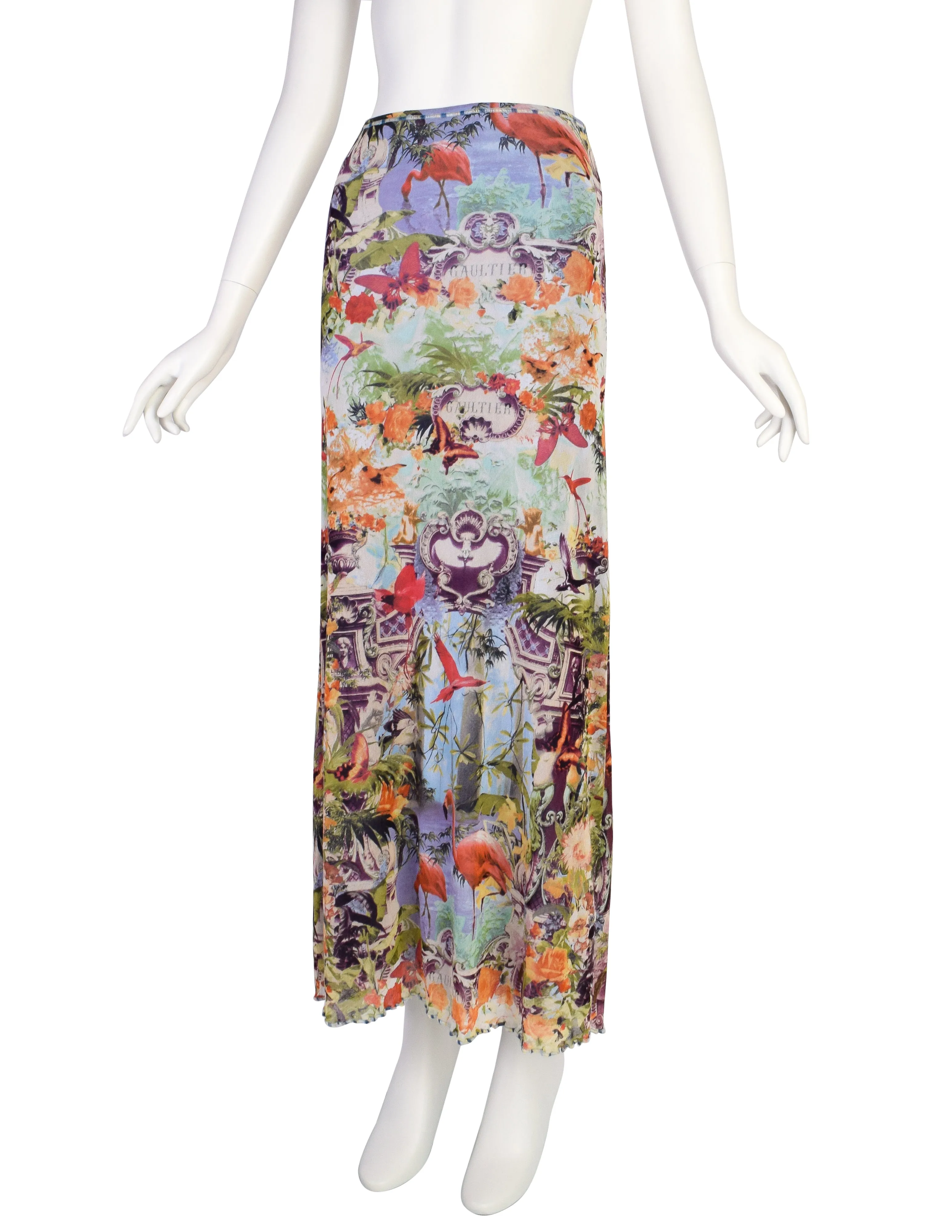 Jean Paul Gaultier Vintage SS 1999 Iconic Pastel Botanical Flamingo Print Mesh Maxi Skirt