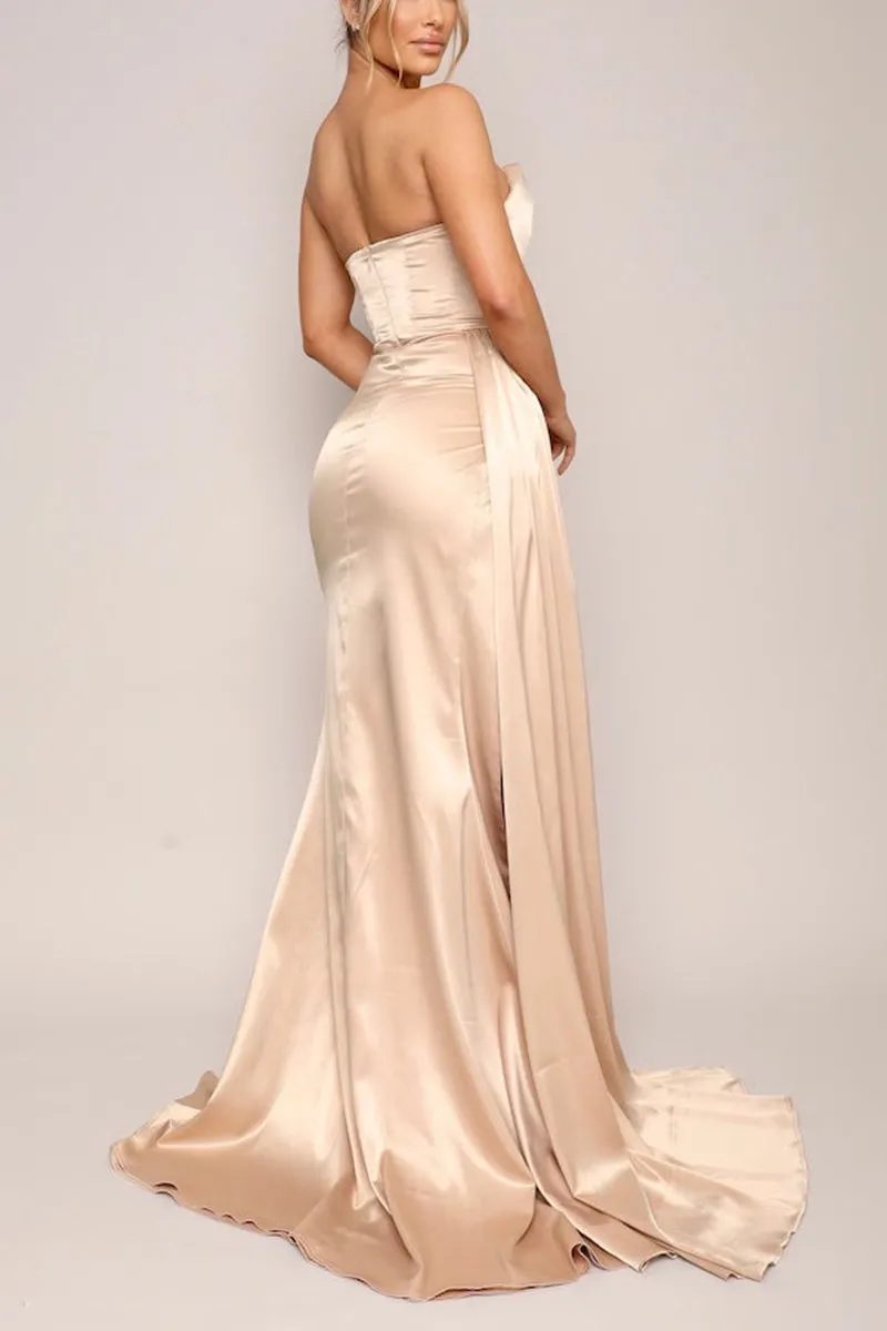 L1841 - Strapless Sleeveless Ruched Satin Sheath Long Formal Evening Gown