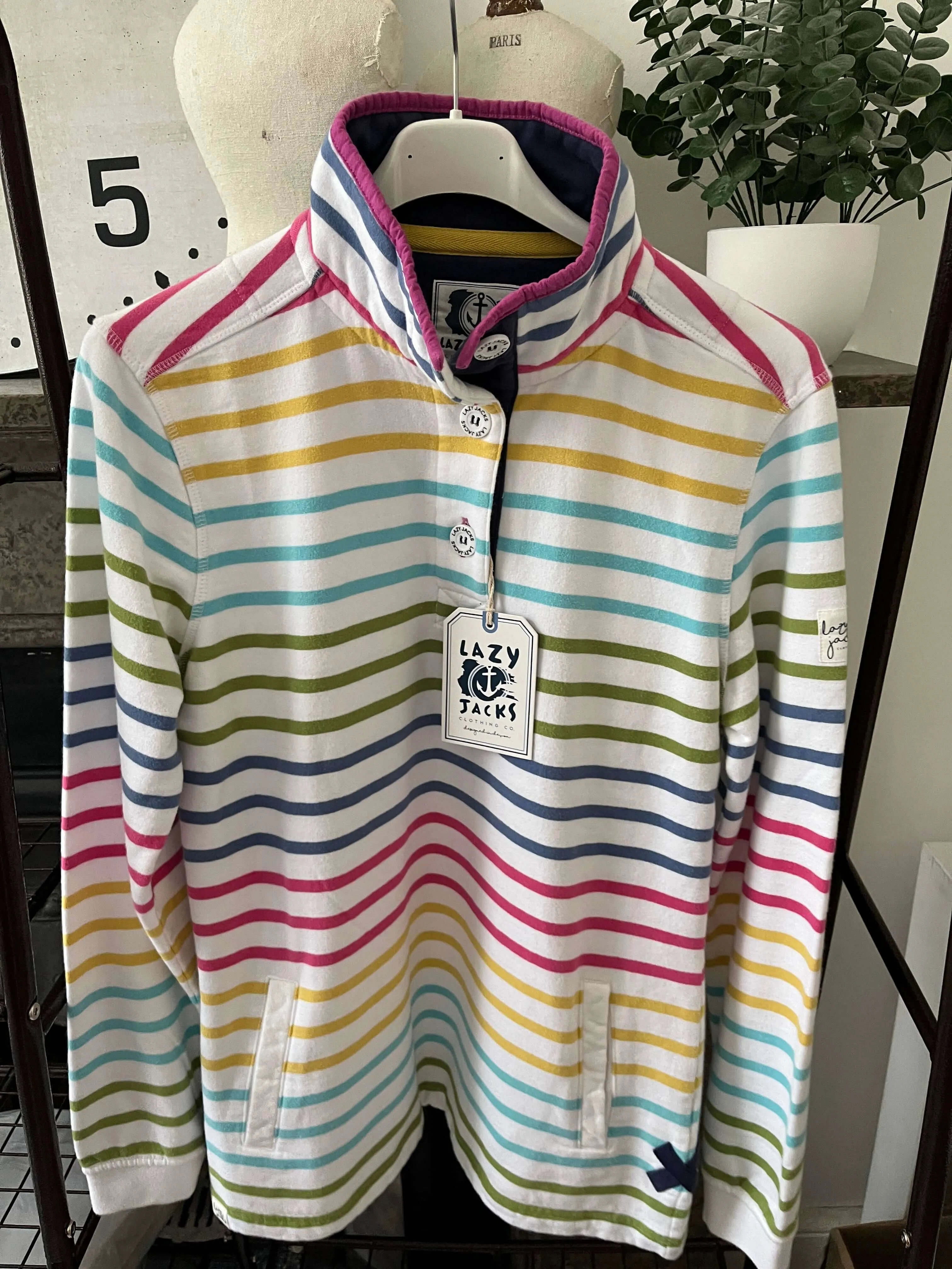 Lazy Jacks Womens Striped Button Neck Sweatshirt - Rainbow