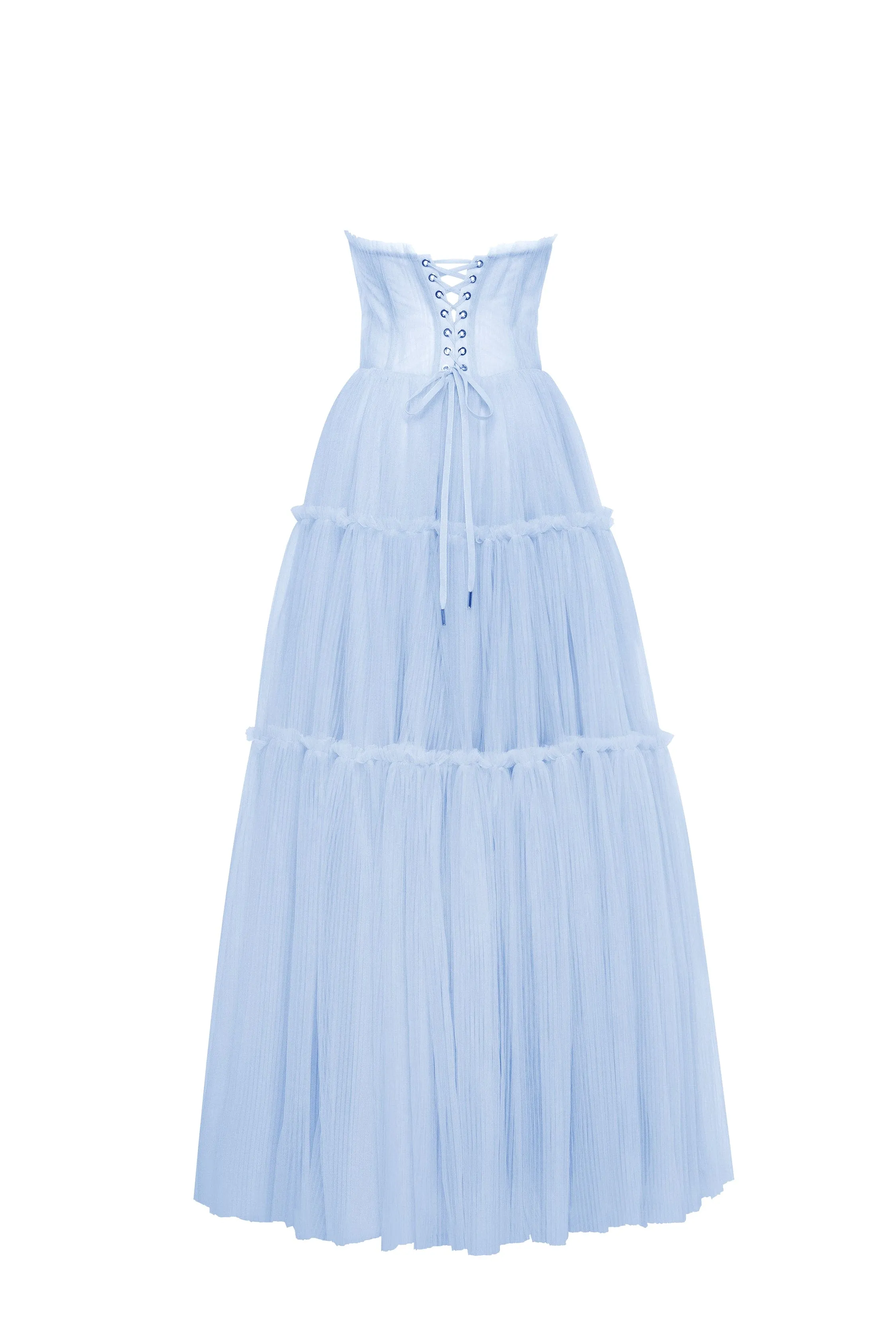 Light blue tulle maxi dress with ruffled skirt, Garden of Eden