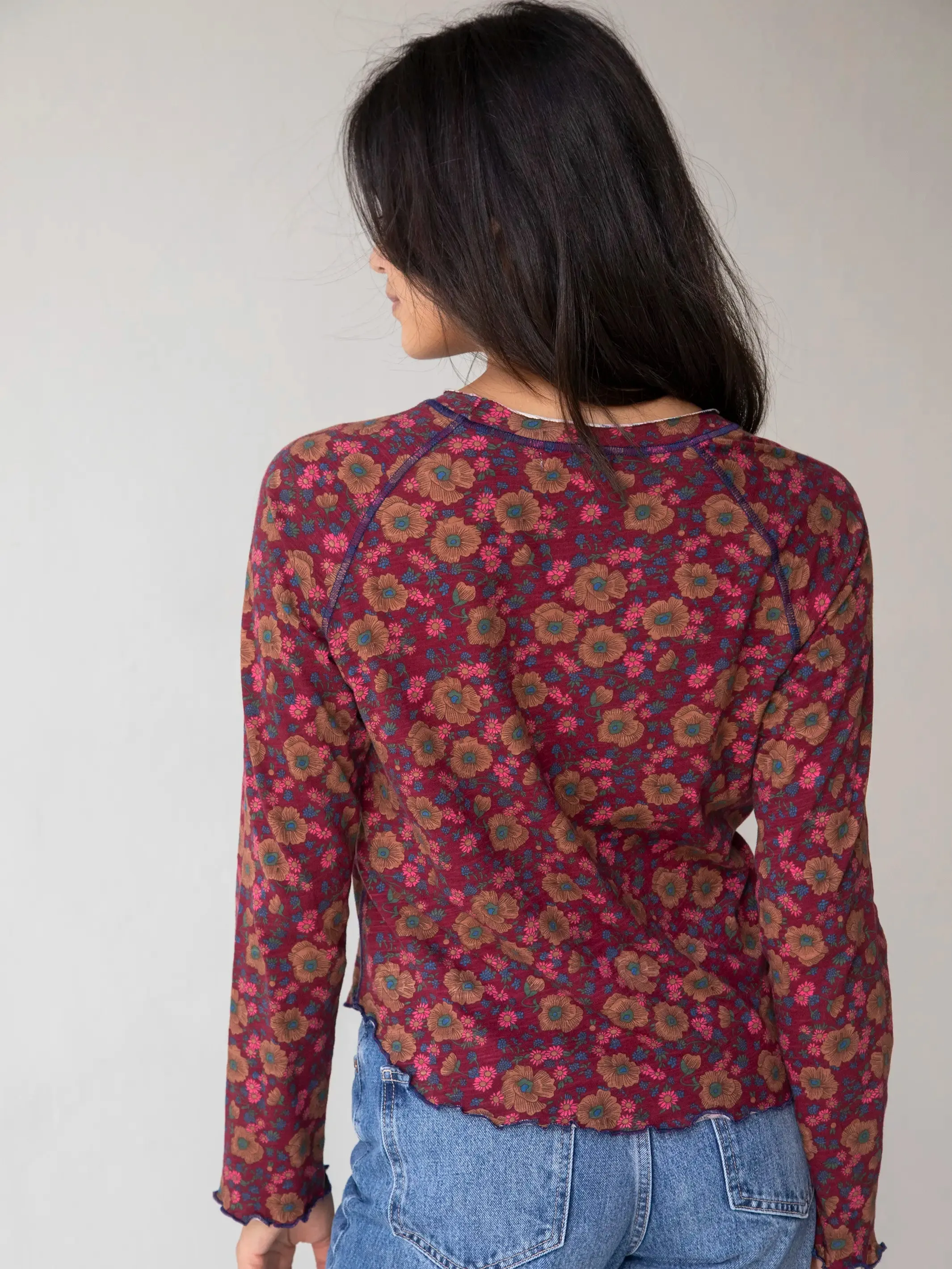 Lily Knit Cotton Long Sleeve Tee Shirt - Cranberry Brown Floral