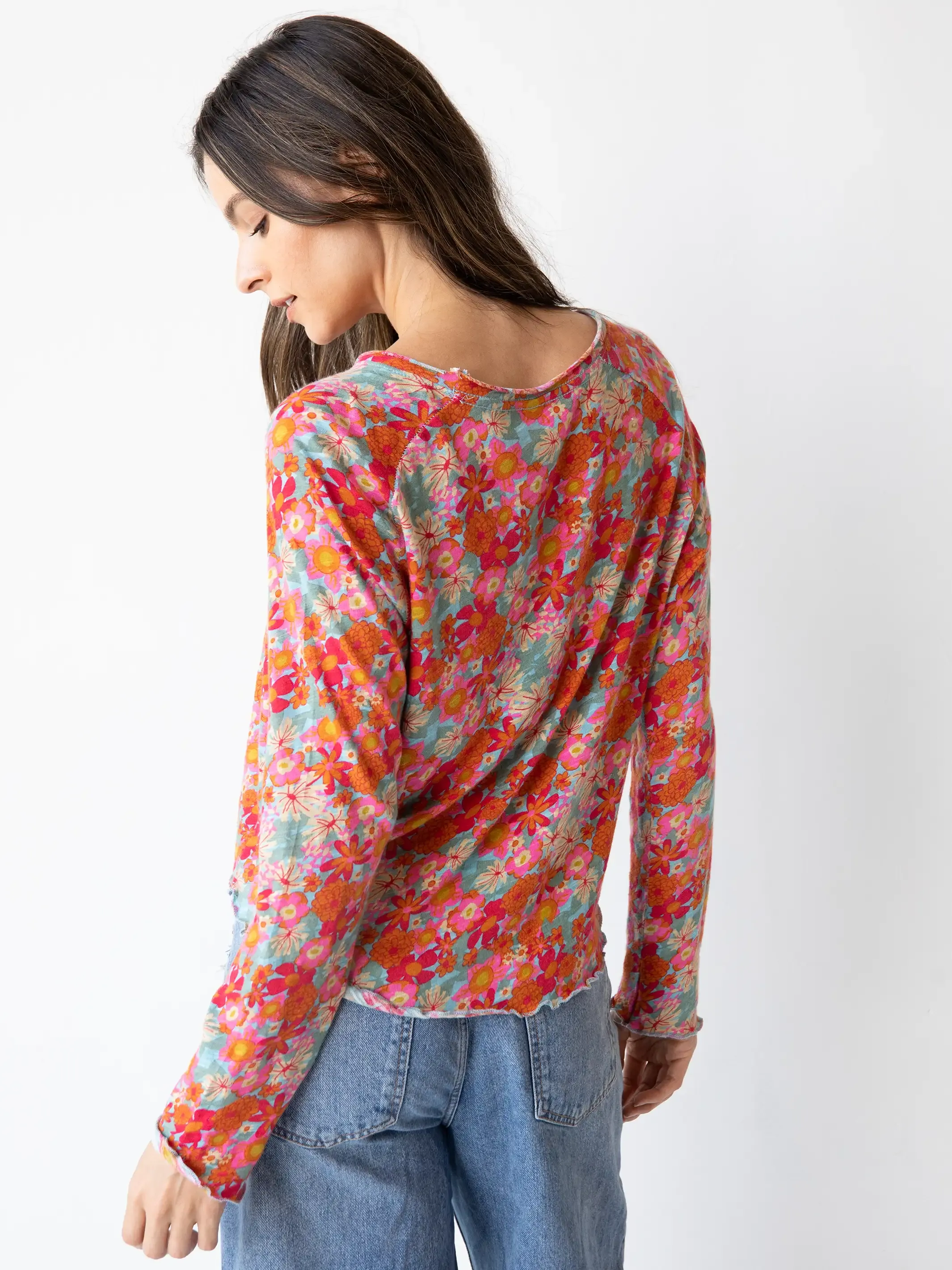 Lily Knit Cotton Long Sleeve Tee Shirt - Pink Red Floral