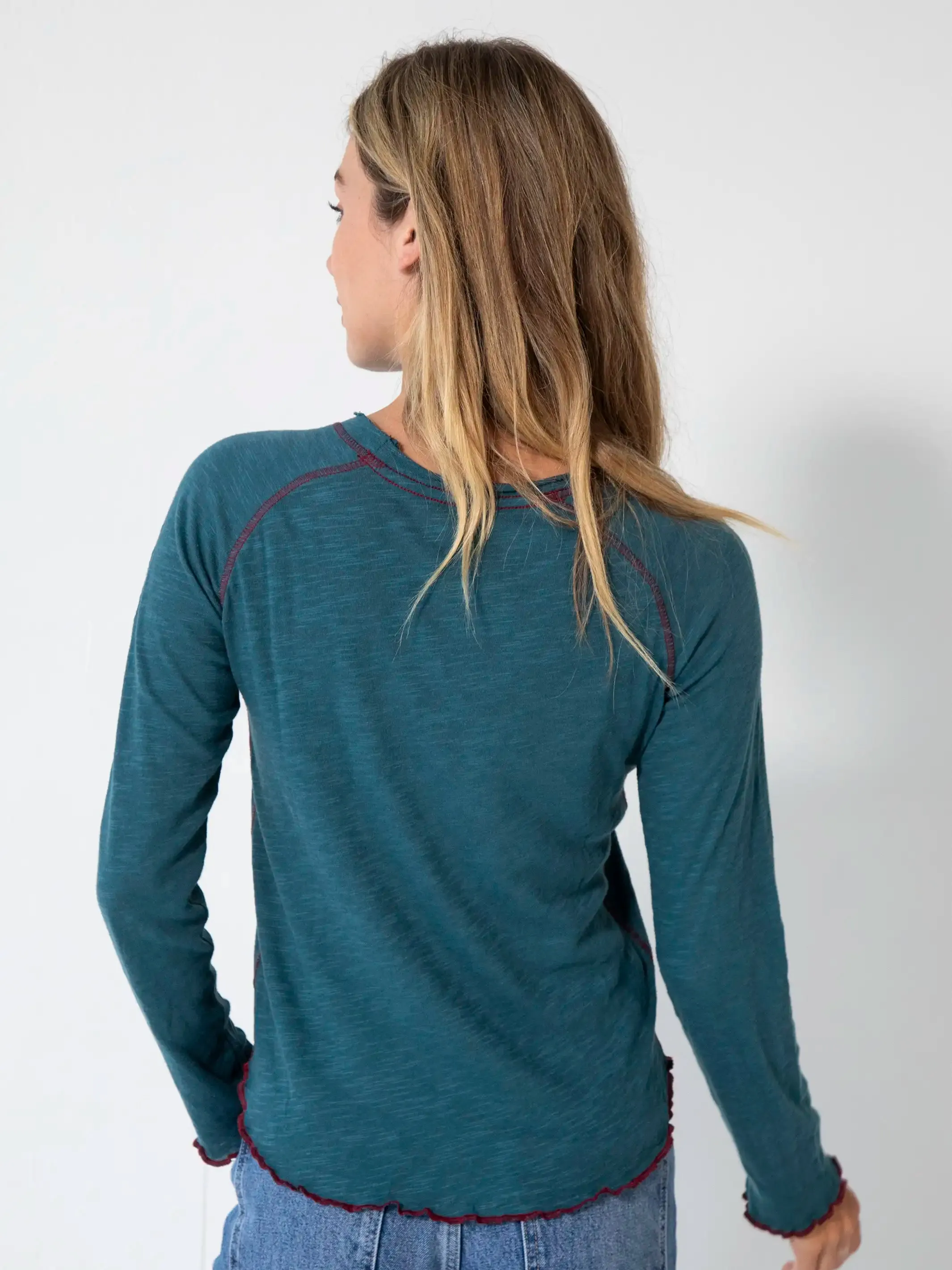 Lily Knit Cotton Long Sleeve Tee Shirt - Teal