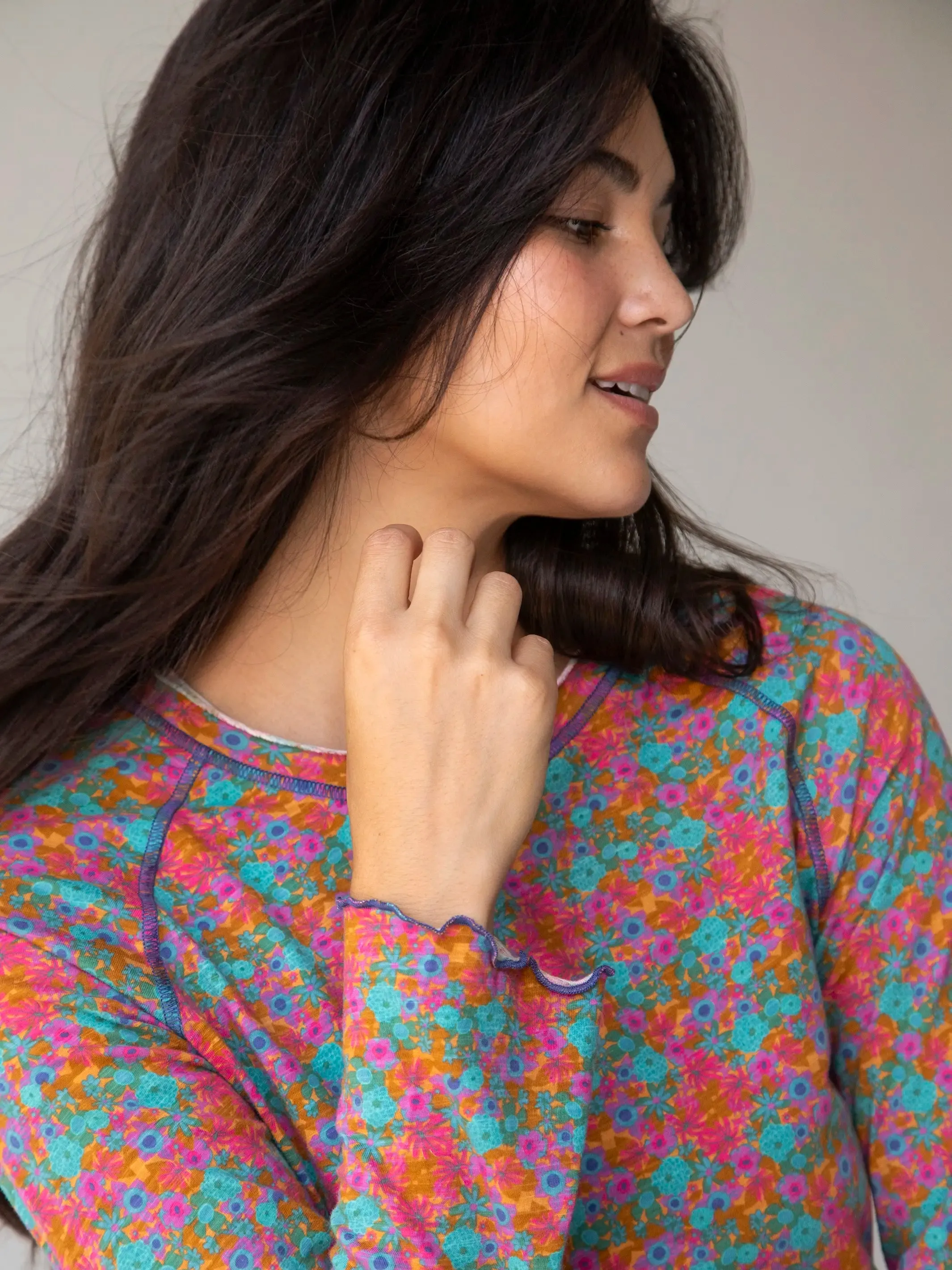 Lily Knit Cotton Long Sleeve Tee Shirt - Turquoise Pink Purple Floral