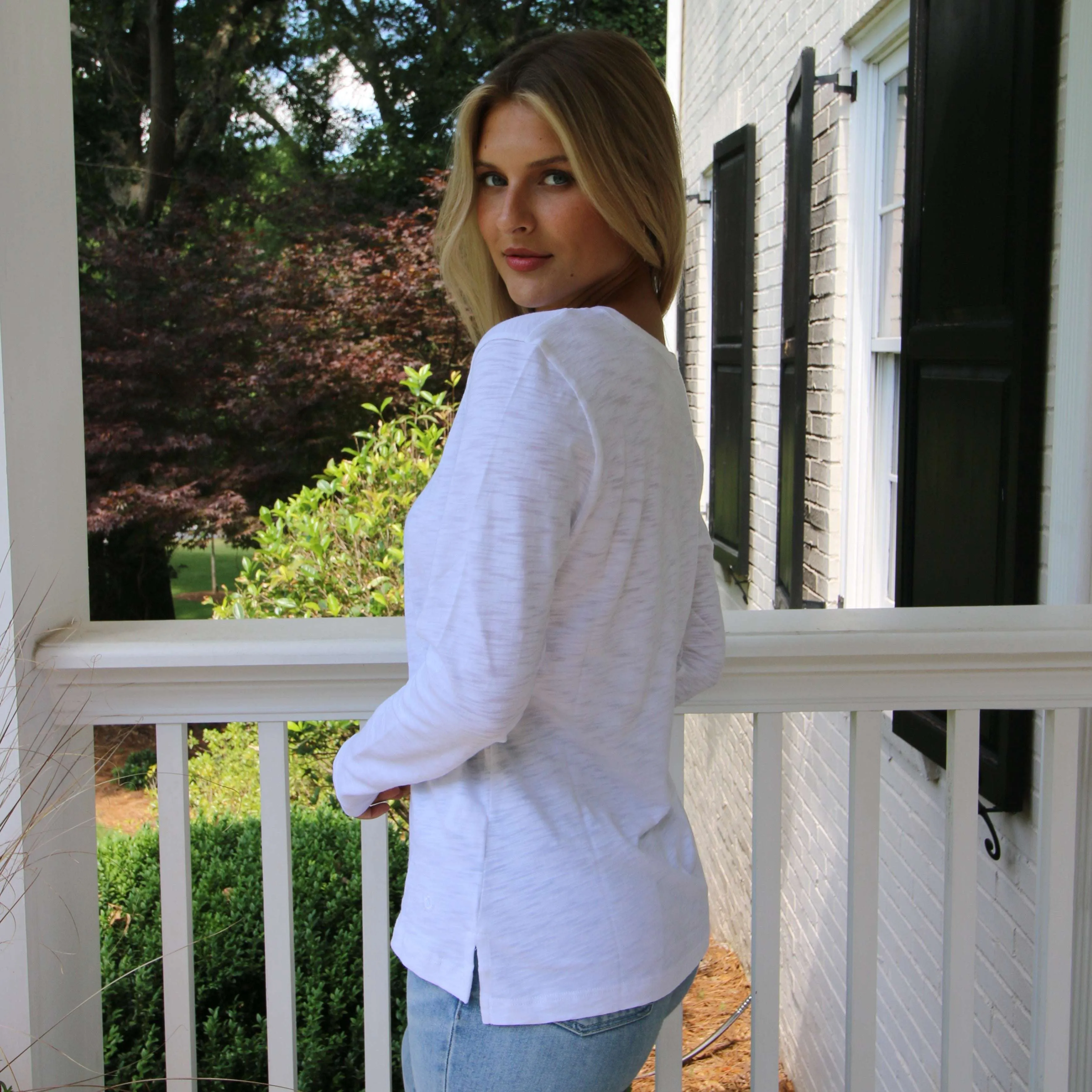 Long Sleeve Jeans Crew in White Pima Cotton Slub