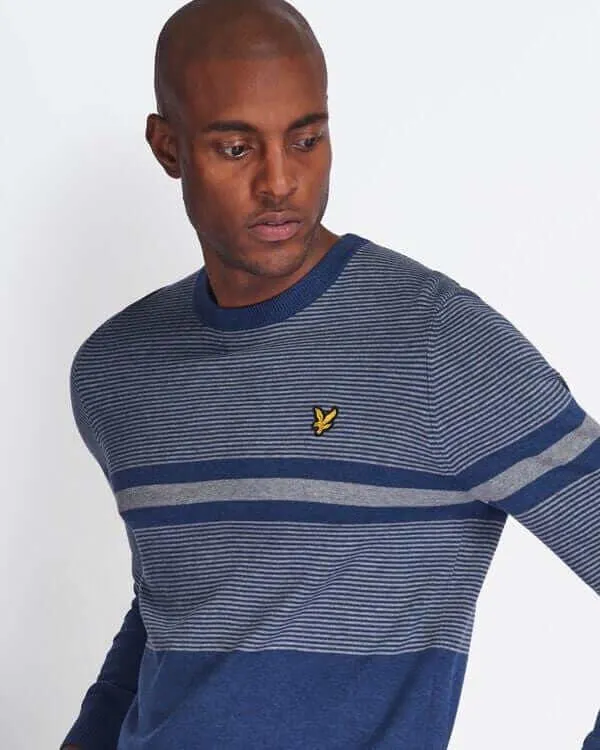 Lyle and Scott Jumper Placement Stripe Knitted Dark Navy/Marl